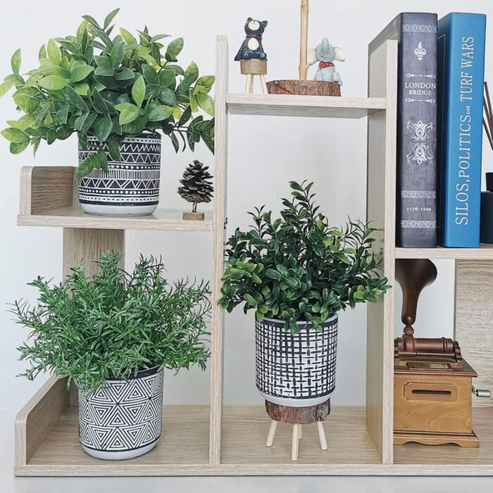 Winlyn Set of 3 Small Potted Plants Artificial Eucalyptus Rosemary Boxwood Plants in Black and White Geometric Pots for Table Centerpiece Kitchen Counter Windowsill Indoor Outdoor Garden Greens Decor - Image 4