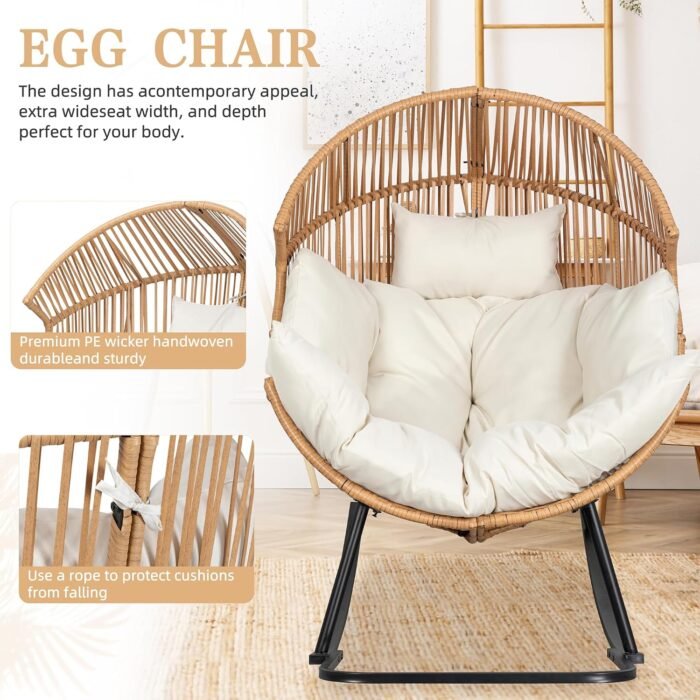 Vongrasig Wicker Rocking Egg Chair PE Rattan with Cushion, Oversized Patio Lounge Rocker Chair for Outdoor, Indoor, Balcony, Backyard, Garden, Beige - Image 5