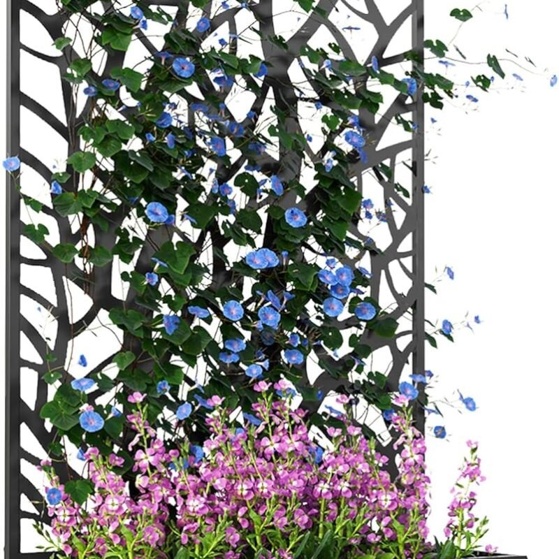 Outsunny Metal Raised Garden Bed with Trellis for Climbing Plants, Freestanding or Wall Mounted Flower Bed with Privacy Panel, Two Big Tree Cut-Outs Outdoor Planter Box for Garden, Patio, Balcony
