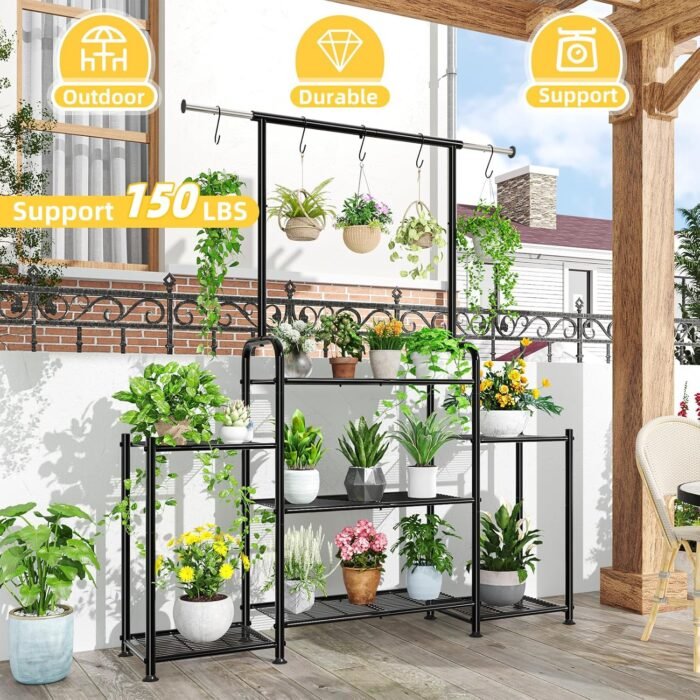 Simple Trending Plant Stand Indoor Outdoor, Metal 3 Tier Tall Hanging Plant Shelf for Multiple Flower Planter Large Heavy Duty Ladder Plant Holder for Garden, Black - Image 2