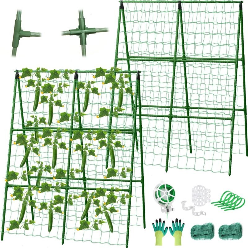 2 Packs Cucumber Trellis for Raised Beds, 31 X 47 Inch Adjustable Size A-Frame Garden Trellis for Climbing Plant Outdoors with Climbing Net and Plant Support Clip for Vegetable Grape Garden Supplies