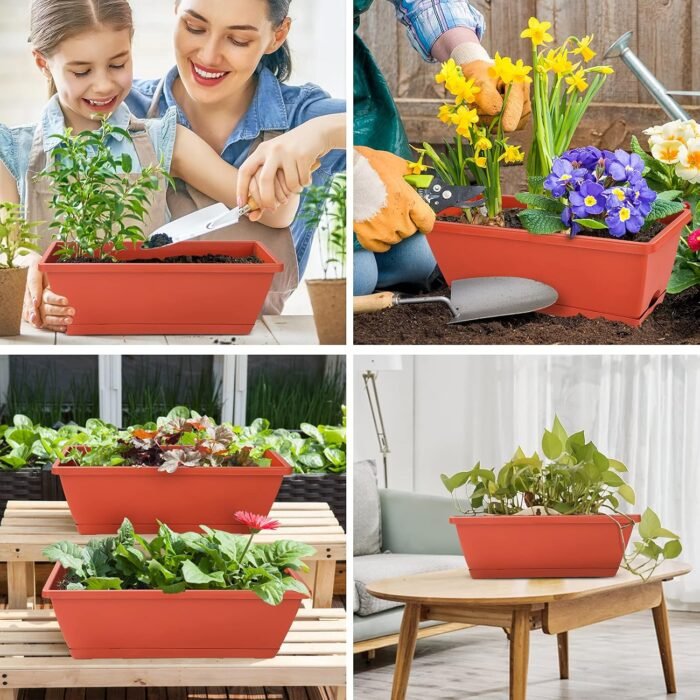 Window Box Planter, 7 Pack Plastic Vegetable Flower Planters Boxes 17 Inches Rectangular Flower Pots with Saucers for Indoor Outdoor Garden, Patio, Home Decor (Red) - Image 7