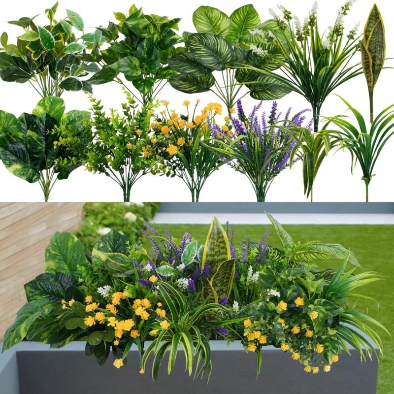 19 Bundles Fake Plants Outdoor, Fake Bushes UV Resistant Artificial Lavender Flowers Greenery Stems Shrubs Faux Greenery for Outdoor Front Porch Home Garden Porch Window Box Farmhouse Decor