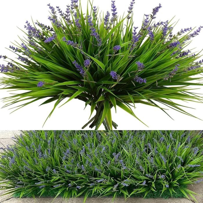 12 Bundles Artificial Grass Fake Plants，Outdoor Fake Monkey Tail Grass with Flowers for Pot UV Resistant Lavender Patio Garden Porch Home Window Hanging Planter Decor Faux Plastic Shrubs(Puper+Green) - Image 2