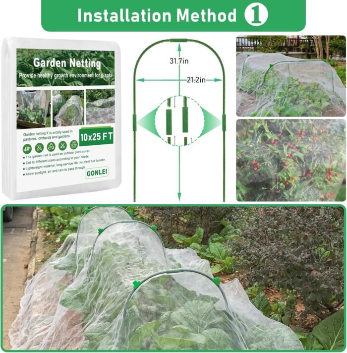 GonLei 10x25FT Garden Mesh Netting Kit Raised Beds (6 Pcs Garden Hoops & 18 Clips) Garden Hoops Plant Row Covers Netting Protection Berry Bush Trees Grass Seed Barrier Net - Image 5