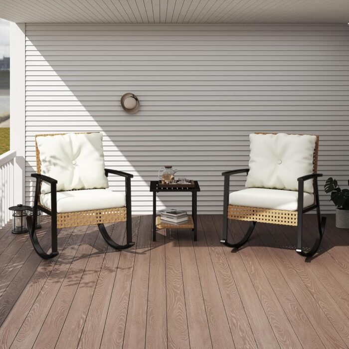 3 Piece Outdoor Rocking Chairs, Outdoor Patio Furniture Set with Thick Cushion and Coffee Table, Rattan Rocking Bistro Set for Grand Porch Balcony Garden - Image 7