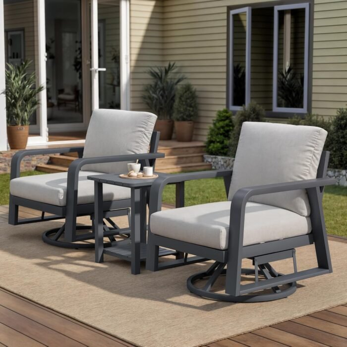 3 Piece Aluminum Outdoor Swivel Rocking Chairs Set, All Weather Swivel Patio Chairs for Porch Deck Balcony Garden (Silver Gray)