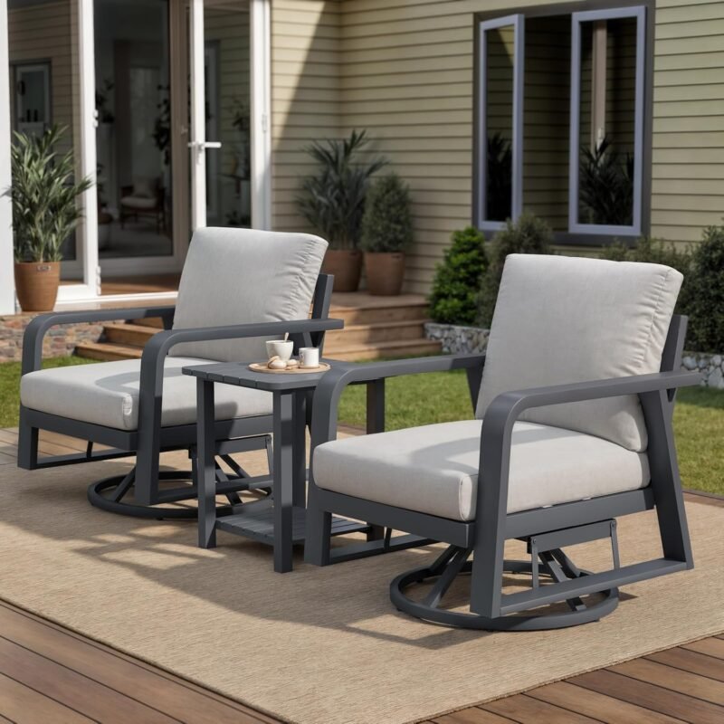 3 Piece Aluminum Outdoor Swivel Rocking Chairs Set, All Weather Swivel Patio Chairs for Porch Deck Balcony Garden (Silver Gray)