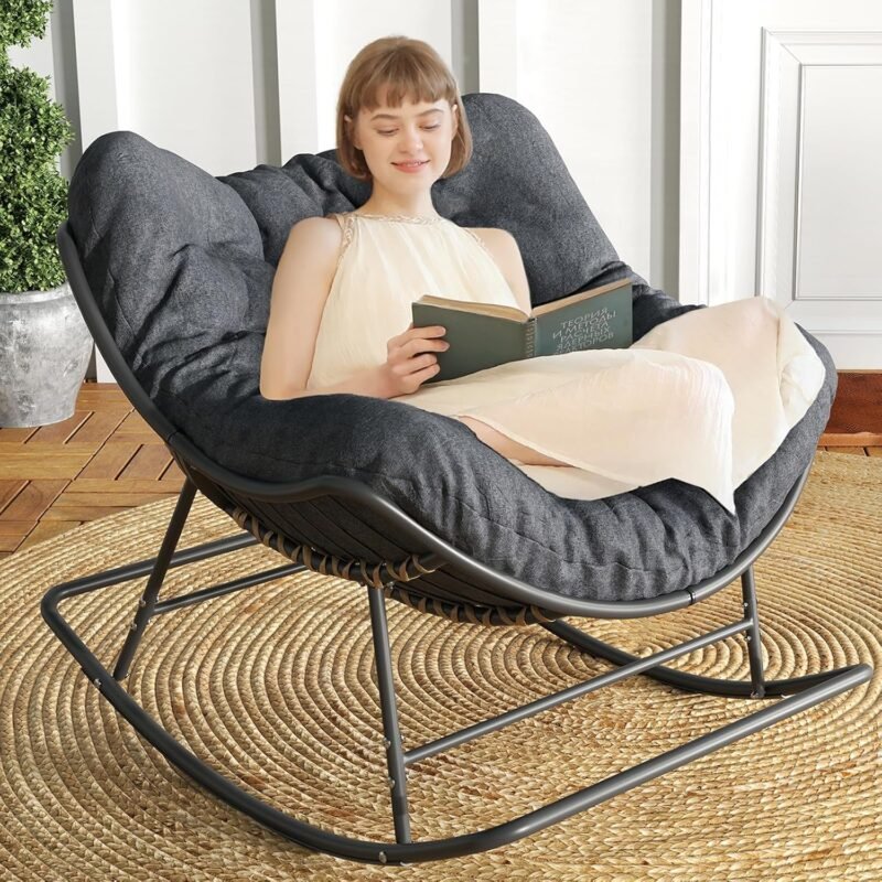 SWITTE Papasan Rocking Chair, Outdoor Rocking Chair with Cushion, Oversized Rocker Egg Patio Lounge Chairs Indoor - Dark Grey