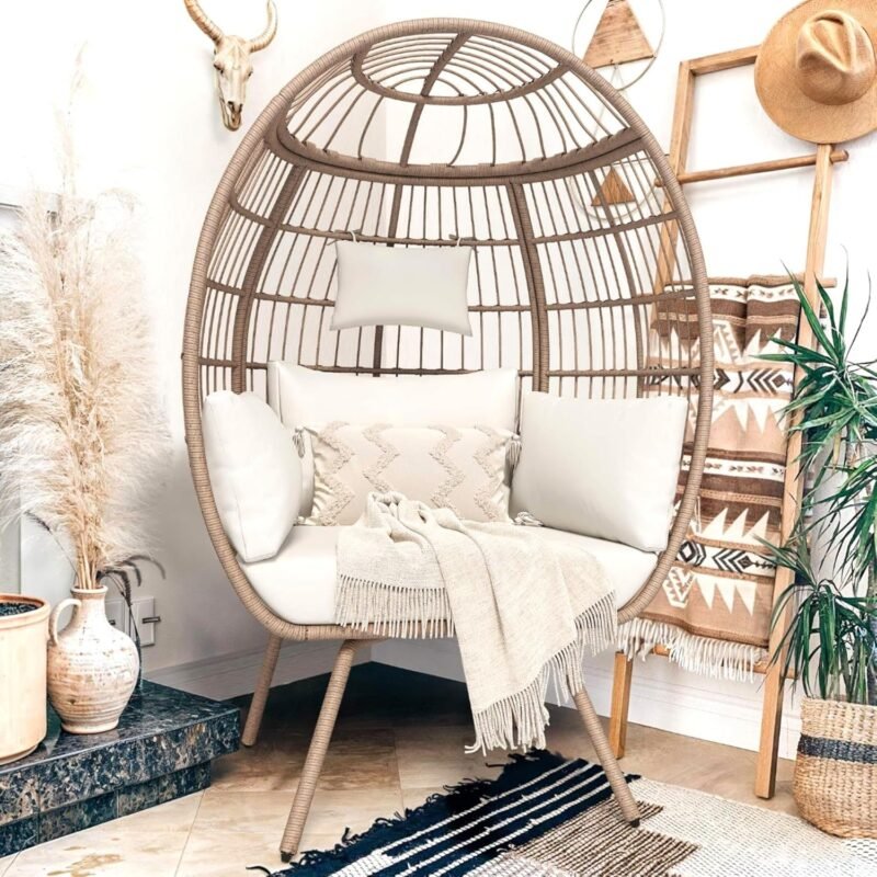 YITAHOME Oversized Egg Chair 450lbs Capacity Wicker Patio Lounger w/Adjustable Headrest, Anti-Rust Steel Frame & All-Weather Rattan, XXL Basket Chair for Outdoor & Indoor - Beige