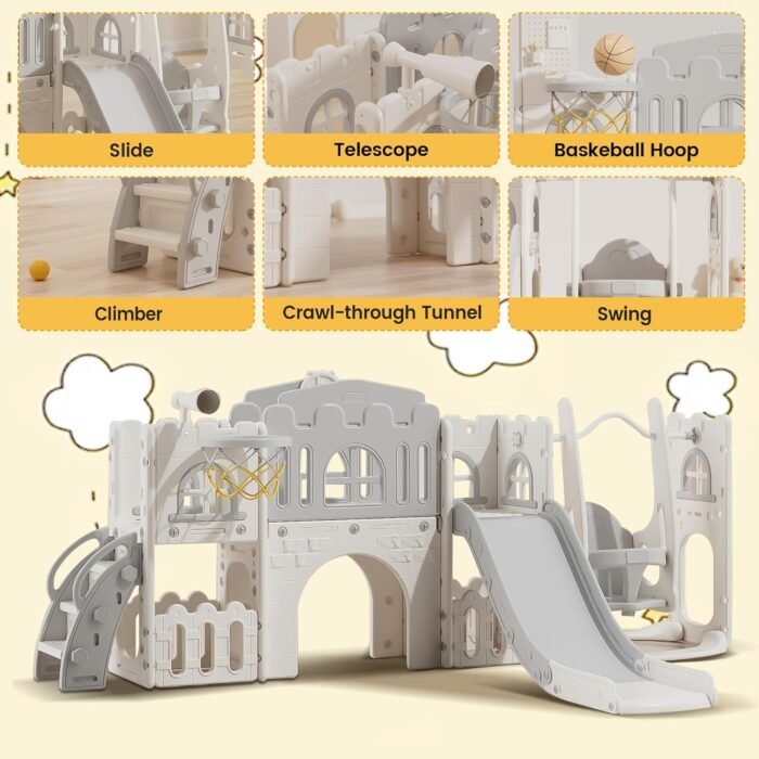 10 in 1 Toddler Slide, Age 1-3 with Swing, Basketball Hoop and Telescope, Kid Slide for Toddlers, Indoor Outdoor Slide Toddler Playset Toddler Playground (Grey) - Image 3