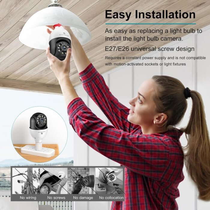 SYMYNELEC 5GHz/2.4GHz Light Bulb Security Camera Outdoor Waterproof 2.5K, Dual-Band WiFi Light Socket Security Camera with AI Human Motion Detection Tracking 4MP Color Night Vision Siren Alarm Alexa - Image 3