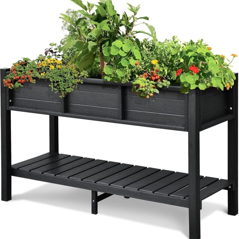 DWVO 48x18x30in Raised Garden Bed Kit, Poly Wood Planter Box Stand,Weather Resistant Planter Box with Legs & Storage Shelf, Elevated Garden Bed for Backyard, Patio, Balcony,Black