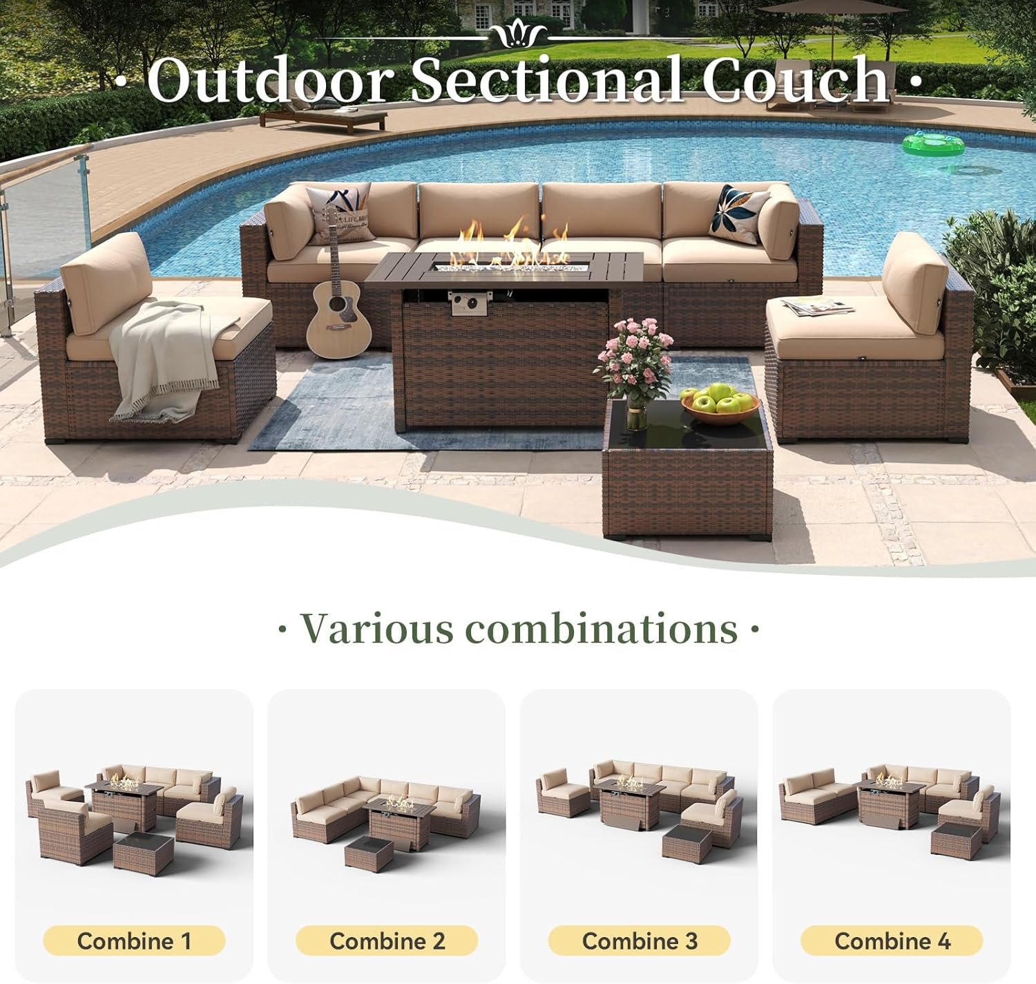 Aoxun 8 Piece Patio Furniture Set with 44” Fire Pit Table Wicker Rattan Outdoor Sectional Sofa Set with Coffee Table and Thickened Cushions, Beige (Waterproof Cover Included) - Image 7