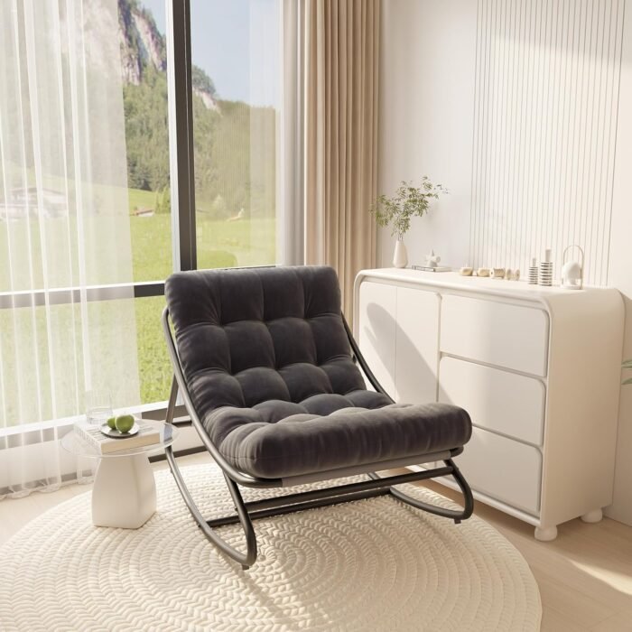 Rocking Chair with Thick Cushion, Outdoor Rocking Chair with Metal Frame, Adjustable Swing Range and Fixed Rope, Waterproof Cushion for Patio, Garden, Backyard and Poolside. - Image 3