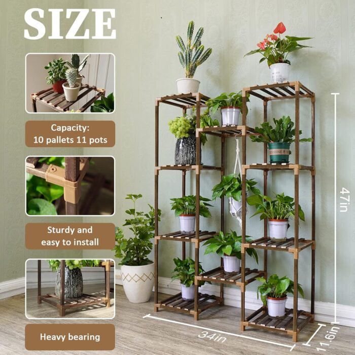 Uneedem Plant Stand Indoor Outdoor, Tall Plant Shelf for Multiple Plants, 10 tiers 11 Pot Large Plant Rack Wood Plant Holder Plant Shelves for Room Corner Balcony Garden Patio - Image 3