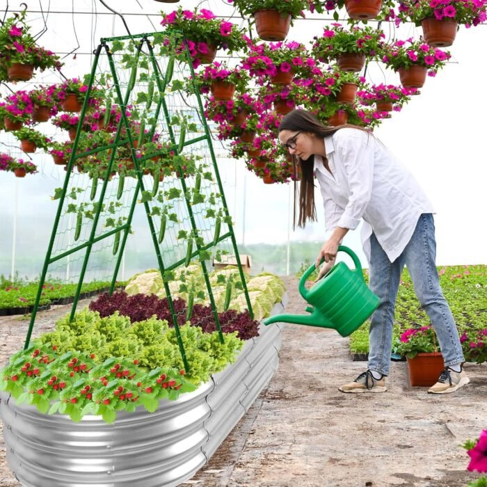 Galvanized Raised Bed with Cucumber Trellis, Garden Arch Trellis Outdoor Reusable A-Frame Metal Trellis with Trellis Net for Pea Vegetable Bean Grape Vines Flowers Climbing Plants Stand Support - Image 2