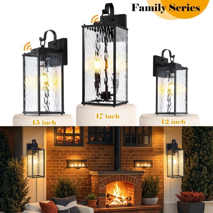 2-Pack Dusk to Dawn Outdoor Lighting with Water Ripple Glass, IP65 Waterproof Matte Black Front Porch Lights Photocell Sensor Exterior Light Fixtures Outdoor Wall Sconces Coach Lights - Image 8