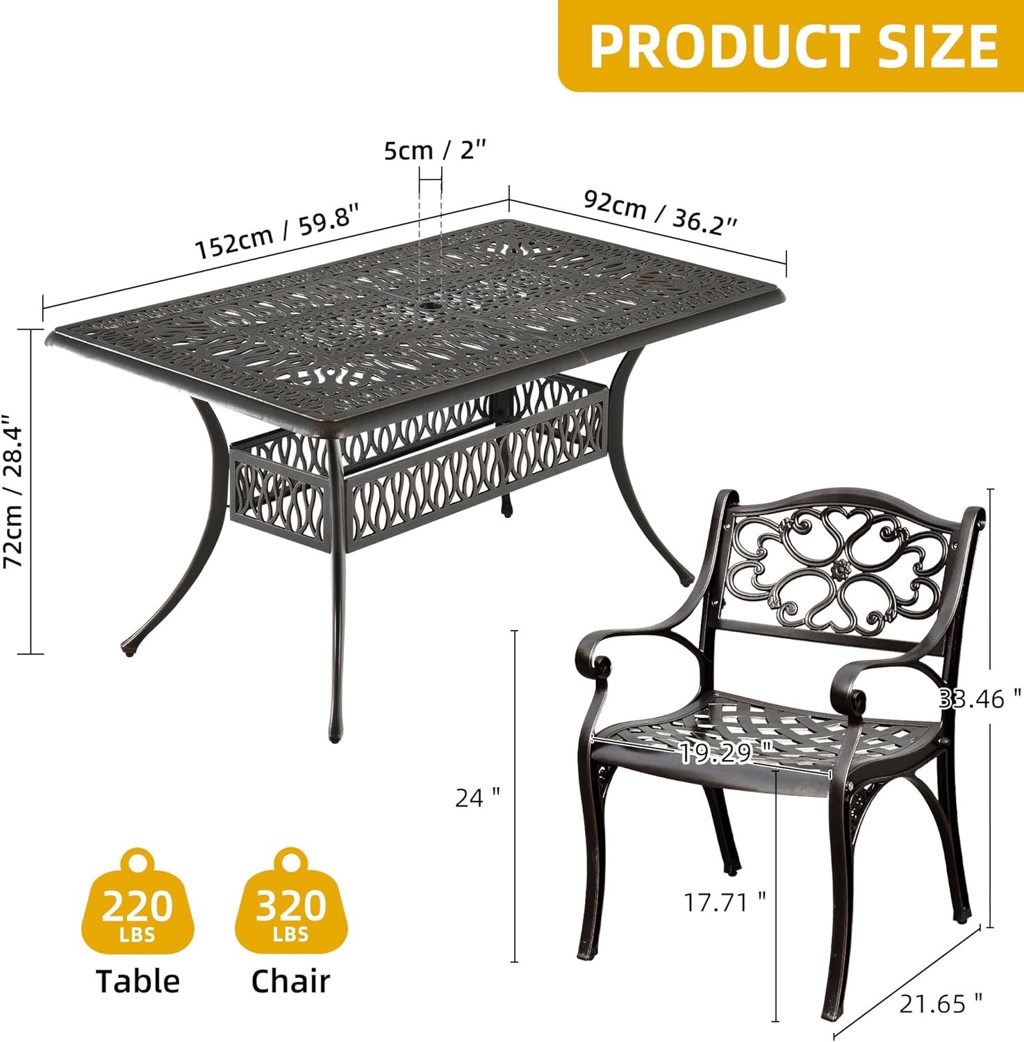 DWVO 7-Piece Outdoor Furniture Cast Aluminum Patio Dining Sets, All-Weather Patio Bistro Sets with 6 Chairs, 59 Inches Round Table with Umbrella Hole, Adjustable Feet for Balcony Backyard Deck Garden - Image 4