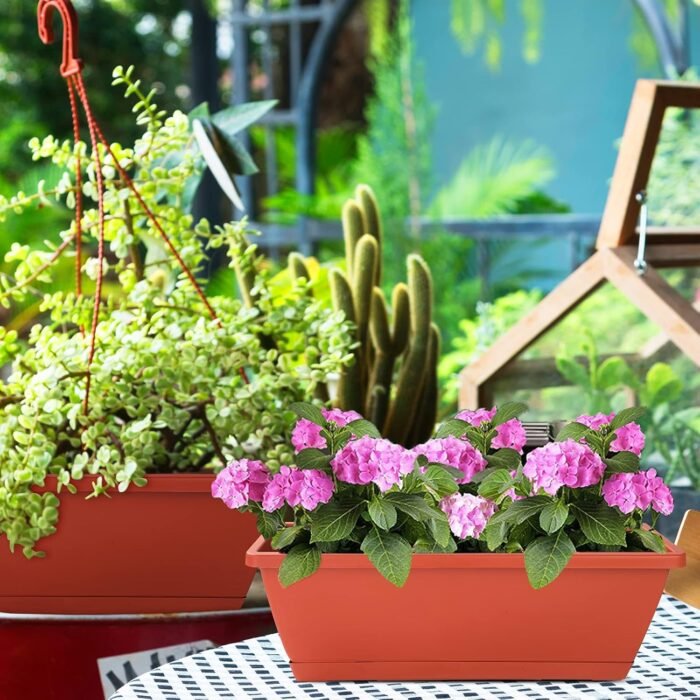 Window Box Planter, 7 Pack Plastic Vegetable Flower Planters Boxes 17 Inches Rectangular Flower Pots with Saucers for Indoor Outdoor Garden, Patio, Home Decor (Red) - Image 6
