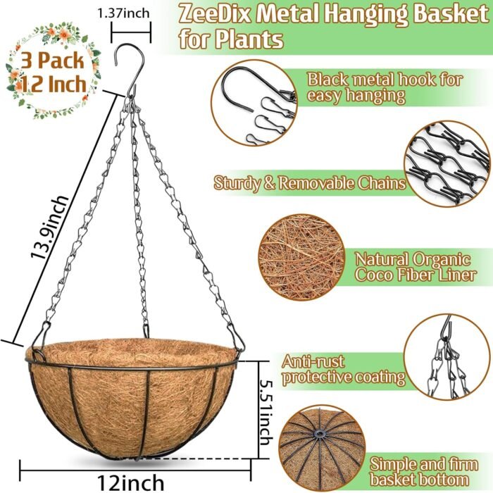 ZeeDix Hanging Baskets for Plants Outdoor-3 Pack 12 Inch Hanging Planters with Coconut Liners, Metal Round Hanging Planter for Flowers Vegetables - Image 2