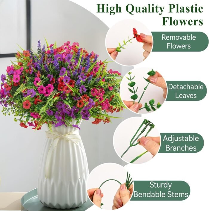 24 Bundles Artificial Flowers for Outdoors Spring Summer Decoration, UV Resistant Eucalyptus Violet and Lavender Silk Fake Plants for Outside Indoor Yard Home Patio Decor, Red Rose Purple - Image 3