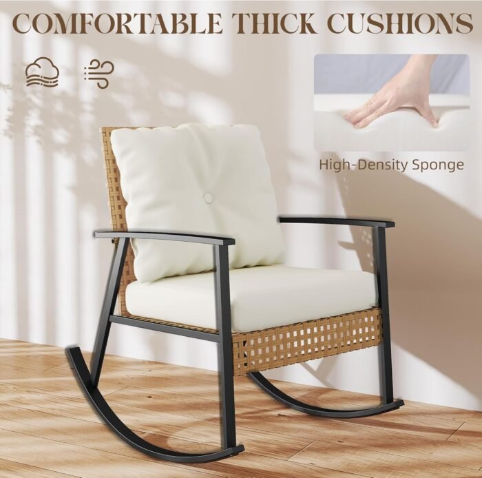 3 Piece Outdoor Rocking Chairs, Outdoor Patio Furniture Set with Thick Cushion and Coffee Table, Rattan Rocking Bistro Set for Grand Porch Balcony Garden - Image 3