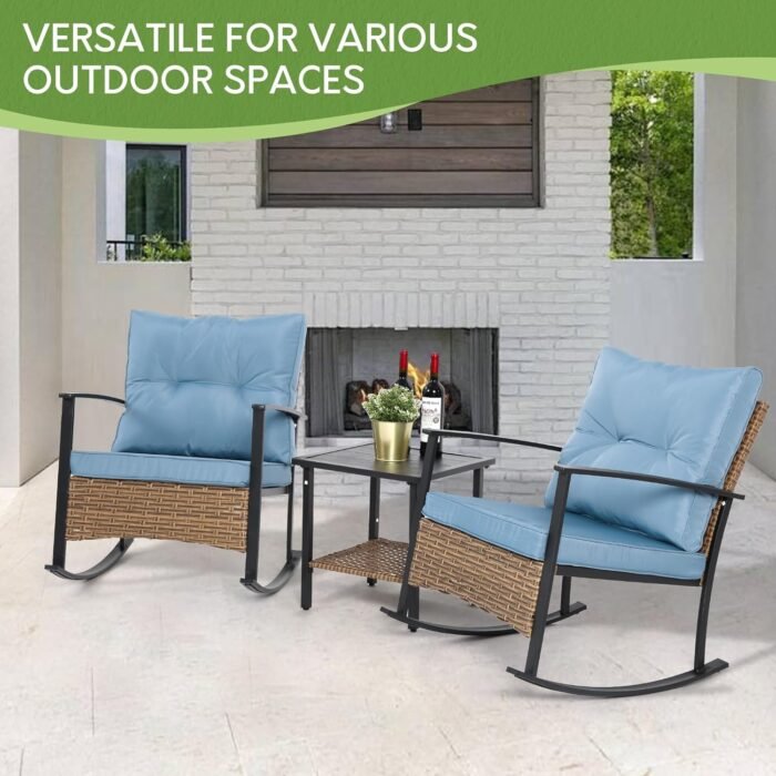 Wicker Rocking Chairs for Outdoors 3 Piece, Patio Rocking Chairs Set of 2, Patio Furniture Set, Small Outdoor Set for Porch, Poolside, Balcony and Yard, Blue - Image 6