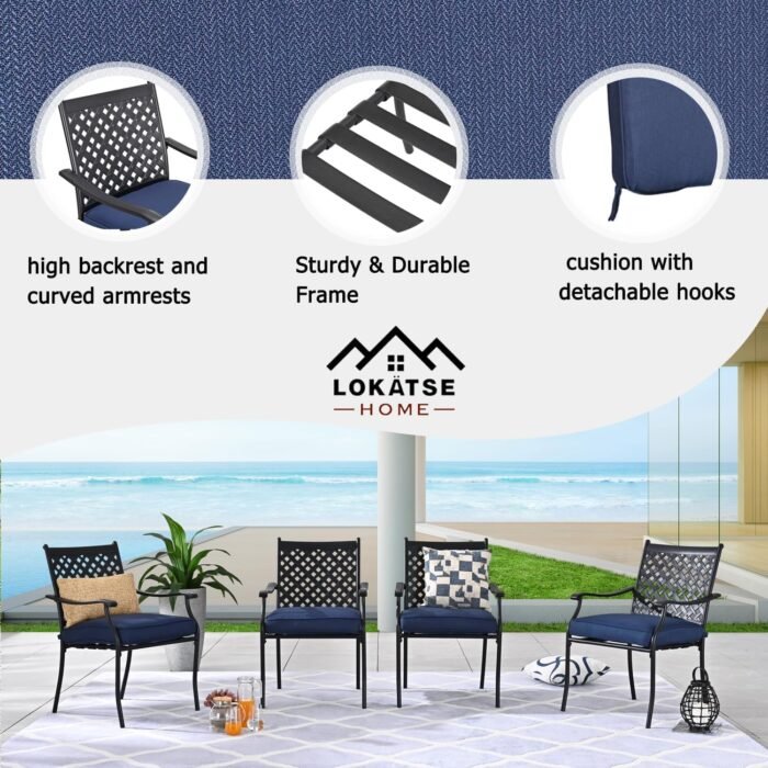 LOKATSE HOME 4 Piece Outdoor Dining Set - Wrought Iron Patio Metal Chairs with Armrest and Cushions for Garden Poolside Backyard, Blue - Image 4