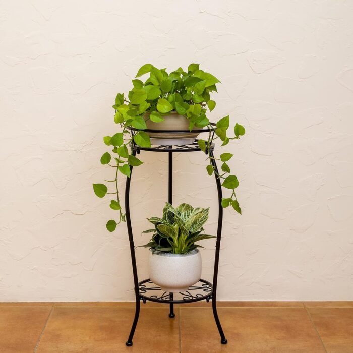 FaithLand 2 Pack Metal Plant Stands, Tall Planter Holder Indoor Outdoor, 2 Tier Round Potted Supports Rack, Corner Display Shelf Black - Image 5