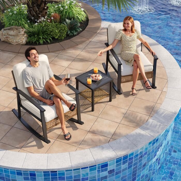 Aoxun 3-Piece Outdoor Rocking Bistro Set, Patio Furniture Set with Coffee Table and Thick Cushions, Wicker Rocking Chairs Set of 2 for Garden, Balcony, Backyard, Poolside (Beige) - Image 8
