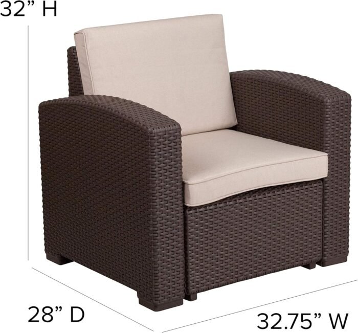 Flash Furniture Seneca Chocolate Brown Faux Rattan Chair with All-Weather Beige Cushion - Image 3