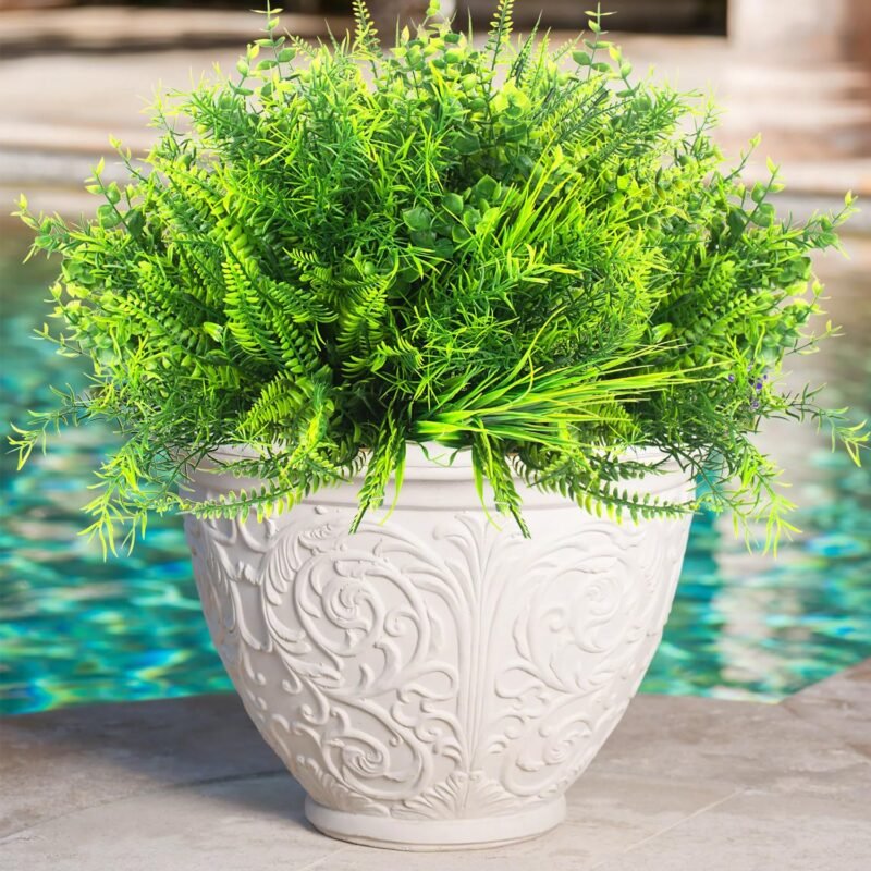 16 Bundles Artificial Faux Plants Outdoor Spring Decoration UV Resistant Fake Plastic Greenery Shrub Plant for Outside Home Planter Porch Patio Window Yard Decor (Mix)