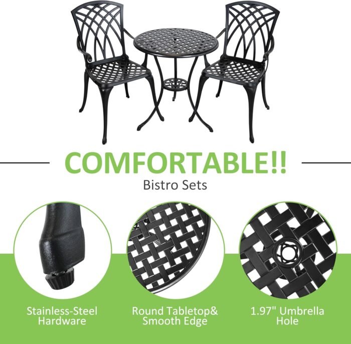 3 Piece Outdoor Bistro Set,All Weather Cast Aluminum Patio Table and Chairs Set of 2 with 1.97" Umbrella Hole,Outdoor Dining Set Patio Bistro Set for Garden,Porch,Balcony,Black
