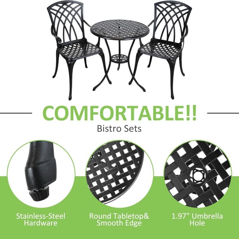 3 Piece Outdoor Bistro Set,All Weather Cast Aluminum Patio Table and Chairs Set of 2 with 1.97" Umbrella Hole,Outdoor Dining Set Patio Bistro Set for Garden,Porch,Balcony,Black