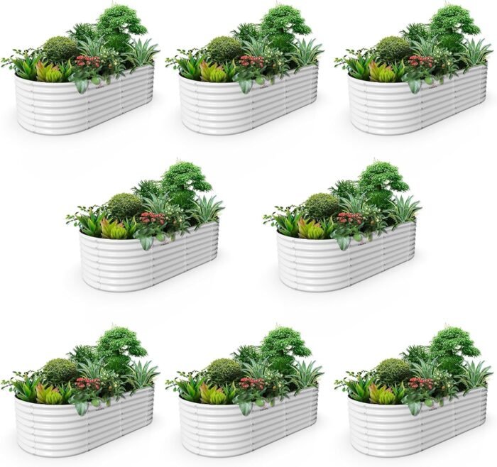 A ANLEOLIFE 8-Set 8X4X2 ft Galvanized Raised Garden Bed Kit, Oval Metal Deep Root Planters for Outdoor Plants, Antique White