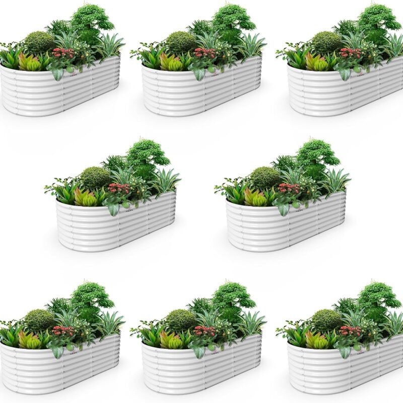 A ANLEOLIFE 8-Set 8X4X2 ft Galvanized Raised Garden Bed Kit, Oval Metal Deep Root Planters for Outdoor Plants, Antique White