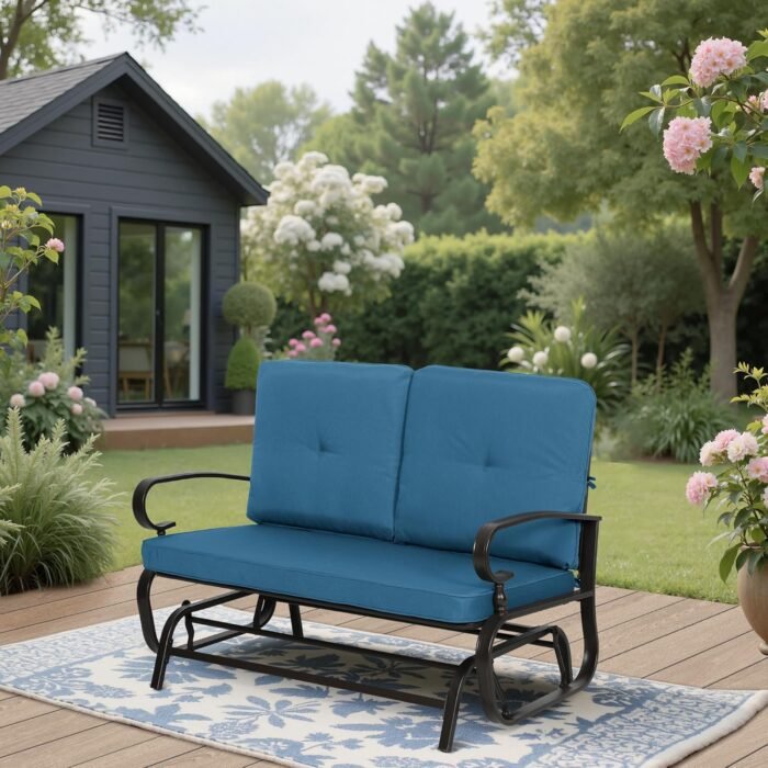 Incbruce Outdoor Rocking Chair with Cushion Glider Bench for 2 Person, Seating Loveseat Steel Frame for Porch, Patio, Garden (Peacock Blue) - Image 7