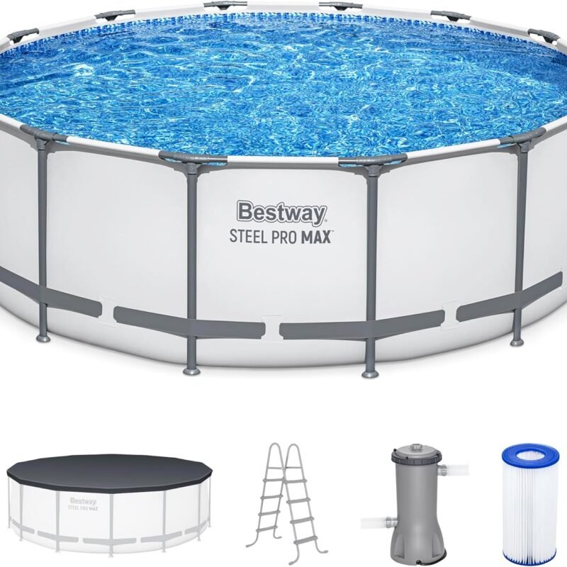Bestway Steel Pro MAX 14 Foot x 48 Inch Round Metal Frame Above Ground Outdoor Swimming Pool Set with 1,000 Filter Pump, Ladder, and Cover, Gray