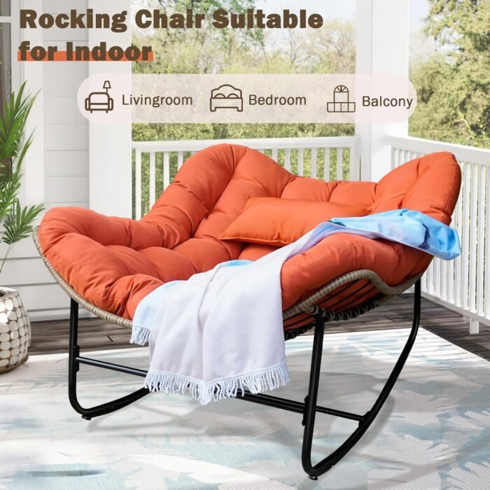 Papasan Rocking Chair, Oversized Patio Papasan Chairs Indoor with Cushion & Pillow, Egg-Shaped Rocking Chair Outdoor, All-Weather Wicker Rocker for Garden, Deck, Living Room, Red - Image 7