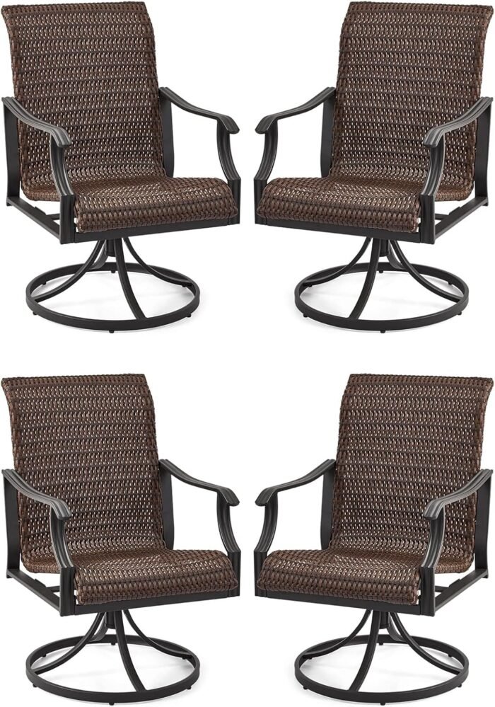 EROMMY Patio Wicker Swivel Chair Set of 4, Heavy Duty Outdoor Dining Chair with 23.5'' High Back, Extra-Large Water-Fall Seat, Rattan Porch Gentle Rocker for Outside, Backyard, Garden