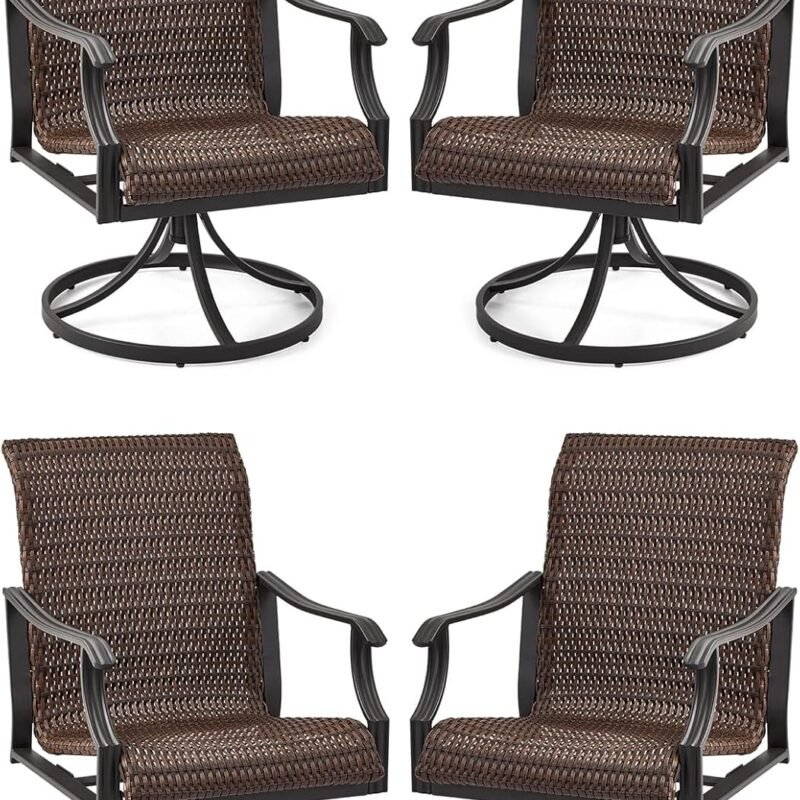 EROMMY Patio Wicker Swivel Chair Set of 4, Heavy Duty Outdoor Dining Chair with 23.5'' High Back, Extra-Large Water-Fall Seat, Rattan Porch Gentle Rocker for Outside, Backyard, Garden