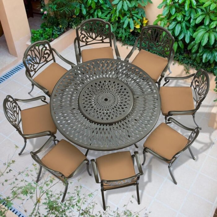 VIVIJASON 9-Piece Patio Furniture Dining Set, Rust-Free Cast Aluminum Outdoor Conversation Set, Include 8 Cushioned Chairs & 61" Round Dining Table with 31" Lazy Susan, Umbrella Hole, Khaki - Image 7