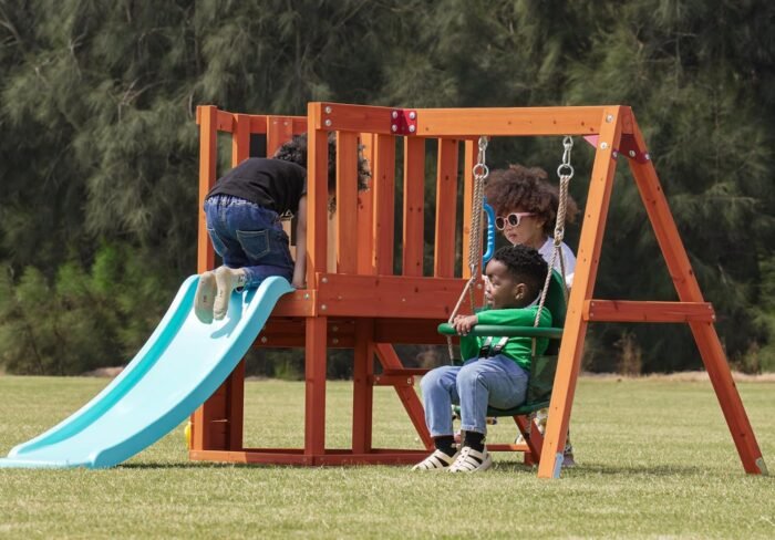 Dolphin Playground 5-in-1 Toddler Swing Sets for Backyard, Toddler Outdoor Playset with Baby Swing, Table, Blackboard, Kid Slide, Rock Climbing Wall, Playground Sets for Backyards Ages 18 mo to 4 yrs - Image 9