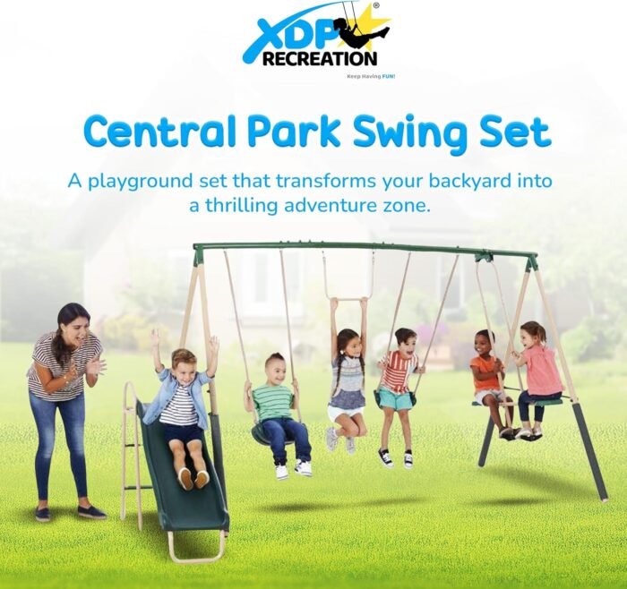XDP Recreation Central Park Swing Set, 6 Child Capacity, Backyard Playset with Slide, Trapeze, Fun-Glider, and 2 Traditional Swing Seats, Green - Image 2