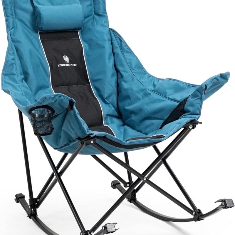 Dowinx Oversized Rocking Camping Chair, Fully Padded Patio Chair with Side Pocket and Carry Bag, High Back Portable Lawn Recliner with Headrest, Support 300 lbs, Blue