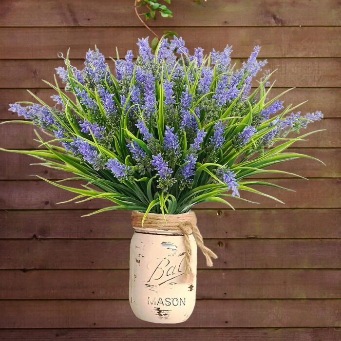 12 Bundles Artificial Grass Fake Plants，Outdoor Fake Monkey Tail Grass with Flowers for Pot UV Resistant Lavender Patio Garden Porch Home Window Hanging Planter Decor Faux Plastic Shrubs(Puper+Green) - Image 7