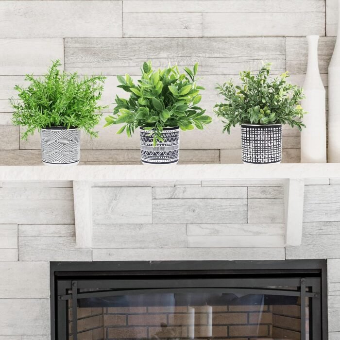 Winlyn Set of 3 Small Potted Plants Artificial Eucalyptus Rosemary Boxwood Plants in Black and White Geometric Pots for Table Centerpiece Kitchen Counter Windowsill Indoor Outdoor Garden Greens Decor - Image 7
