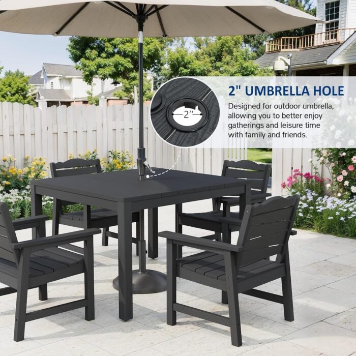 5-Piece Patio Dining Sets, Outdoor Dining Table w/Aluminum Frame and 4 Chairs, Weatherproof HIPS Dining Furniture Set with Umbrella Hole, for Backyard, Garden, Lawn, and Poolside, Black - Image 3