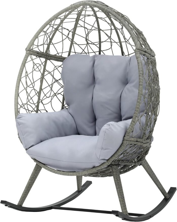 DWVO Wicker Rocking Egg Chair, Oversized Indoor Outdoor Rattan Rocking Chair, Indoor Outdoor Lounger for Patio, Backyard, Living Room, Light Gray - Image 7
